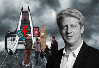 Montage of Jo Johnson, with students protesting tuition fees in 2012, and an escalator of pound sterling symbols illustrating an indexation of tuition fees to inflation. Montage of Jo Johnson, with students protesting tuition fees in 2012, and an escalator of pound sterling symbols illustrating an indexation of tuition fees to inflation.