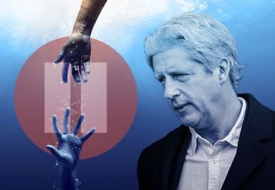 Montage of Jo Johnson with a pause symbol over hand reaching to rescue drowning person. To illustrate Johnson's fear that the OfS register pause will block university mergers and could worsen the sector’s financial woes