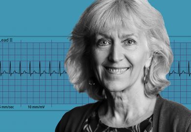 Joan Taylor with a background showing an electrocardiogram of atrial tachycardia.