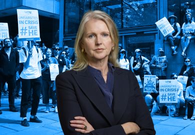 Joanne Cash, Conservative shadow education minister, with university staff protesters in the background holding placards that state "universities in crisis".