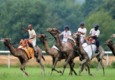 Jockeys riding camels, French Cup of camel races, 2014