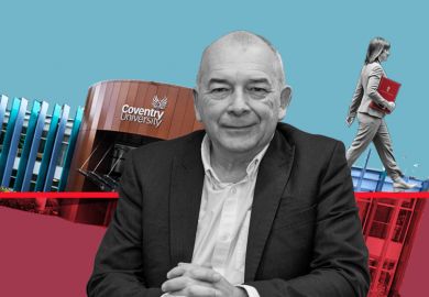 John Latham, vice-chancellor of Coventry University, with the campus in the background sinking in to the red and Rachel Reeves walking away. To illustrate that universities can't rely on government funding according to Latham.