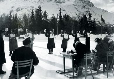 Judges holding score cards, St Moritz Winter Olympics Judges holding score cards, St Moritz Winter Olympics