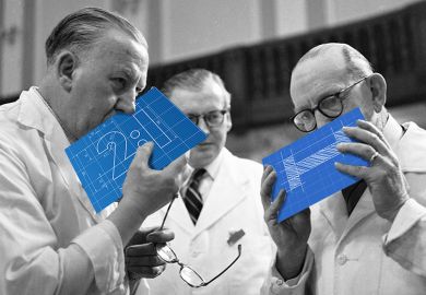 Two judges smelling blueprints of degree grades. To illustrate external examiners.