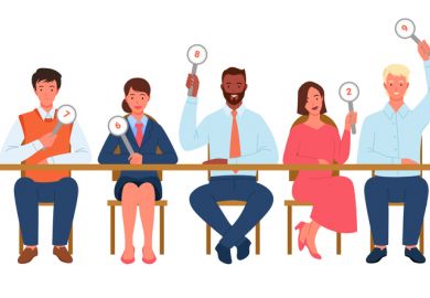 Contest judges hold up their scores Contest judges hold up their scores, symbolising open peer review