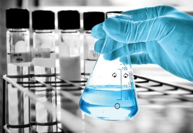 Laboratory beaker with face and suprised expression