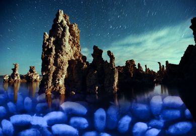 Tufa formations of Mono Lake, California with added bacteria, called GFAJ-1, which Nasa announced that a team of biologists had discovered can use toxic arsenic to reproduce and grow.