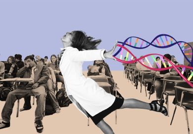 A lecturer dancing across the room with ribbons of DNA streaming behind, with bored students in the background. To illustrate a lack of teaching training for academics.