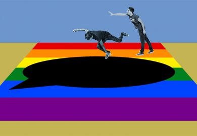 An LGBT flag with a speech bubble-shaped hole in it, into which someone is being pushed