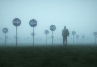 A man lost in a foggy field with confusing signs, illustrating overly complex complaints systems
