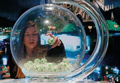 Woman drawing a lottery with cathedral in the background, research grants