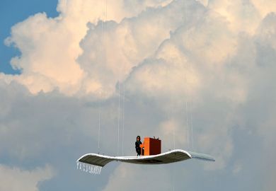 Illustration: a man plays a piano on a magic carpet obviously held up by strings