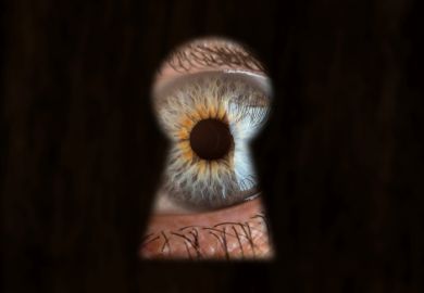 Male blue eye looking through the keyhole