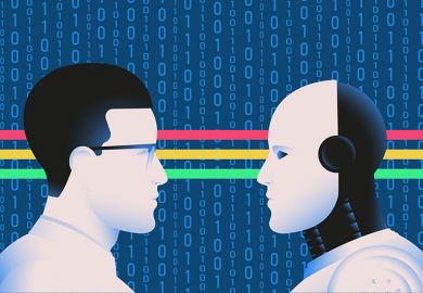 Man and robot facing off, to illustrate whether academics could be replaced by AI. Man and robot facing off, to illustrate whether academics could be replaced by AI.