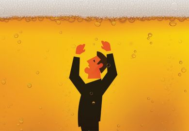 Man drowning in glass of beer (illustration)