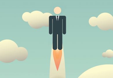 Man in suit flying in sky (social mobility)