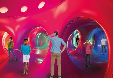 Montage of people looking puzzled at the various entrances inside an inflatable Luminaria creation