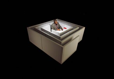 Floating in space, a black man sits at a desk in the middle of a maze