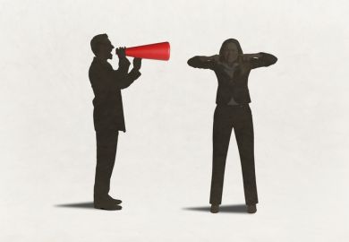 A man with a megaphone yells at a woman with her fingers in her ears A man with a megaphone yells at a woman with her fingers in her ears
