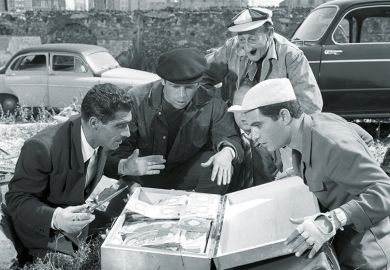 men around suitcase of money