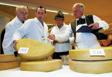 Men inspecting cheeses Men inspecting cheeses
