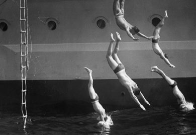 Men diving from ship - 'jumping ship'. To illustrate that many UK universities are opting out of the nationally negotiated deal with Elsevier.