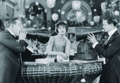 Men shouting at woman through megaphones