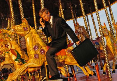 Man wearing a suit on a merry-go-round