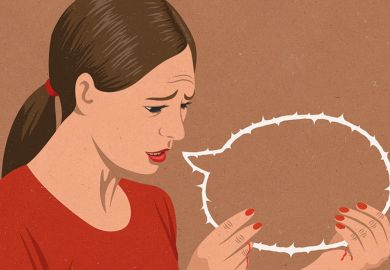 Illustration of woman with barbed wire speech bubble Illustration of woman with barbed wire speech bubble