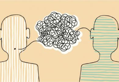 Cartoon of two people with a tangled speech bubble between them symbolising misunderstanding