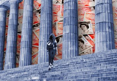 Student walking up university steps with piles of money behind columns. To illustrate university students being used as money mules for organised crime.