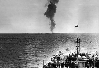 The crew of the HMS Narvik watch the smoke rise after a British atomic test, which took place on the Montebello Islands off the west coast of Australia, 16 May 1956. The crew of the HMS Narvik watch the smoke rise after a British atomic test, which took place on the Montebello Islands off the west coast of Australia, 16 May 1956.