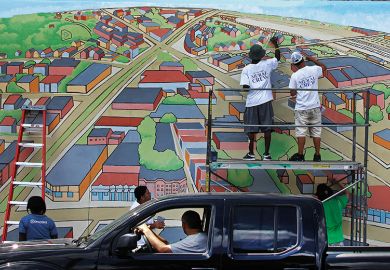 ‘Bird’s Eye View of Allston Village’ is on the side of a building in Cambridge, Mass