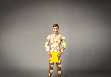 A naked man covered in post-it notes, symbolising public speaking