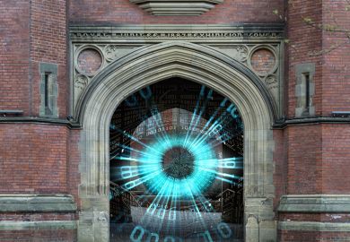 A digital eye suggesting surveillance, seen through an archway at Newcastle University. To illustrate concerns about the use of Turnitin because of data privacy fears. A digital eye suggesting surveillance, seen through an archway at Newcastle University. To illustrate concerns about the use of Turnitin because of data privacy fears.