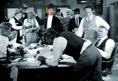 Vintage newsroom with academic in the centre symbolising conflict between editors and academics