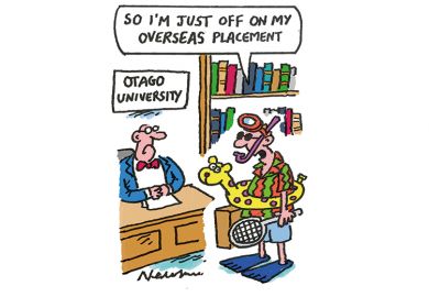 Cartoon of a student in snorkel with floatation ring and tennis racket saying: “So I’m just off on my overseas placement”