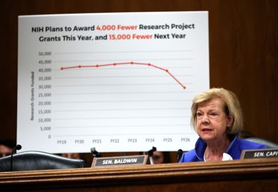 US senator Tammy Baldwin (D-WI) questions director of the National Institutes of Health (NIH) Jayanta Bhattacharya during a Senate Appropriations Subcommittee. Bhattacharya testified on the proposed budget estimates for fiscal year 2026 for the NIH.