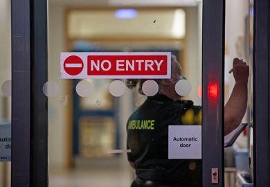 No entry sign on the entrance of the emergency department at a hospital, UK. To illustrate that overseas medical students, including British citizens may find it much harder to work in the UK.