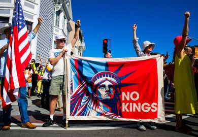 A "no kings" protest in Oakland, part of a national day of pro-democracy demonstations on October 18, 2025