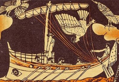 An image from a Greek stamp of Odysseus listening to the sirens