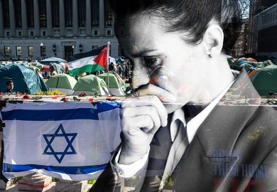 Montage of a doubtful looking woman with a background showing a pro-Israeli protest near students participating in a pro-Palestinian encampment on their campus. To illustrate how HE socialises women faculty to avoid difficult classroom debates.