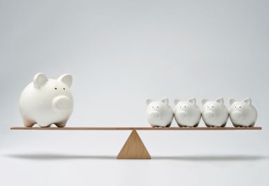 A see-saw with large and small piggy banks, symbolising levelling up