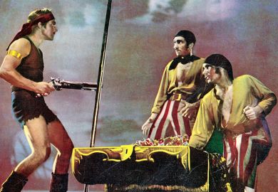 Film still from 'The Pirate', 1948. One man is holding a gun towards two people taking treasure. To illustrate the legal battle between Elsevier and Meta regarding AI crawling. Film still from 'The Pirate', 1948. One man is holding a gun towards two people taking treasure. To illustrate the legal battle between Elsevier and Meta regarding AI crawling.