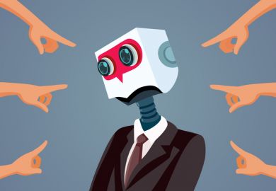 Multiple fingers point at a robot, symbolising accusations of AI use