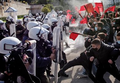 Clashes between demonstrators and riot police during the university students protest against the government-promoted university police in universities in Athens, on February 10, 2021.  Clashes between demonstrators and riot police during the university students protest against the government-promoted university police in universities in Athens, on February 10, 2021.