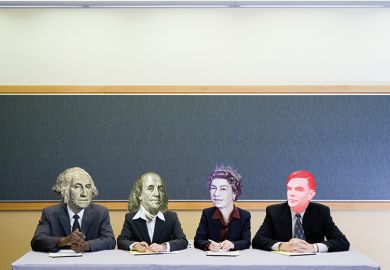 Illustration: four historical figures, including Queen Elizabeth II, Shakespeare and George Washington, sit at a desk
