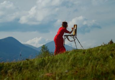 A woman paints on a mountain slope A woman paints on a mountain slope, illustrating practice research