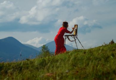 A woman paints on a mountain slope, illustrating practice research