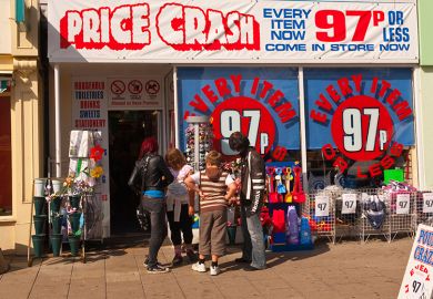 Price crash shop, where everything is 97 pence, illustrating "psychological pricing".